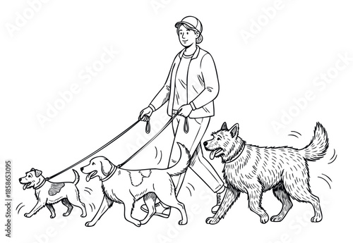 A cheerful person enjoying a walk with three diverse dogs on leashes perfect for pet care promotions dog walking service advertisements or lifestyle content related to animal companionship