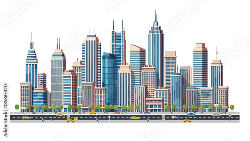 Expansive cityscape panorama featuring a vibrant array of modern skyscrapers, bustling streets with cars, and diverse pedestrians on a clear day.