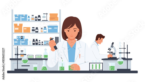 Female scientist meticulously working with a pipette and beakers in a modern laboratory, with a male colleague using a microscope in the background.