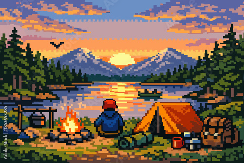 Pixel art camping scene with tent and campfire by lake at sunset
