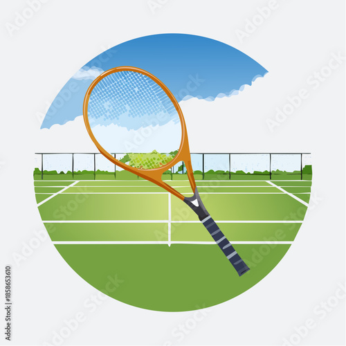 Tennis Racket Icon, Tennis Court Background, Outdoor Sports, Vector Illustration Background