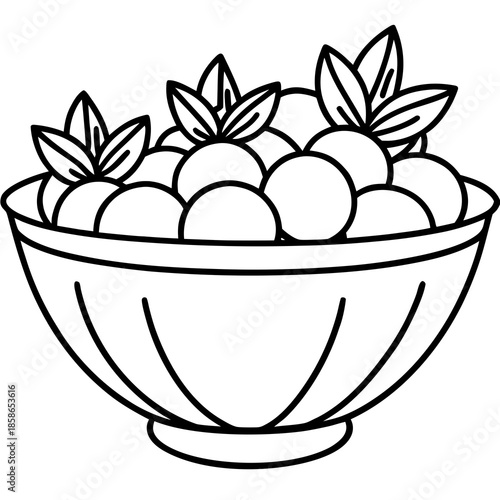 Minimalist fruit bowl line drawing, modern artistic illustration of healthy organic fruits for kitchen decor and wellness concepts.