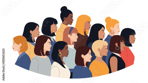 Diverse group of women from various ethnicities standing together in profile, symbolizing female unity, empowerment, and community.