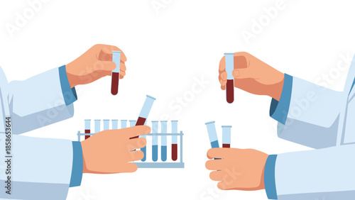 Multiple gloved hands in laboratory coats carefully holding and examining test tubes filled with blood, with a rack of tubes in the background.