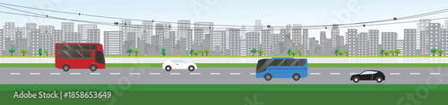 city buildings with trees and cars. Monochrome urban landscape. Modern architectural flat style vector illustration. Cityscape background