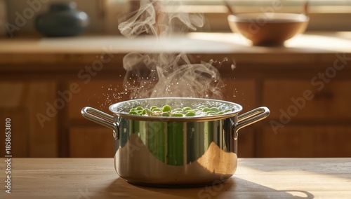 Thawed green peas cooking i...