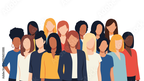 Diverse group of women from various ethnicities standing united and looking forward, symbolizing female unity, empowerment, and community.