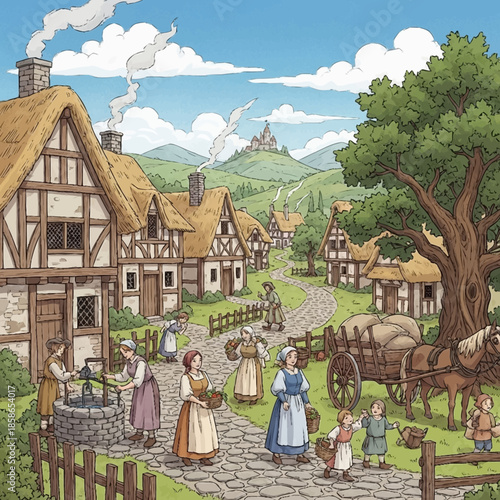 Medieval village scene with traditional houses and people.
