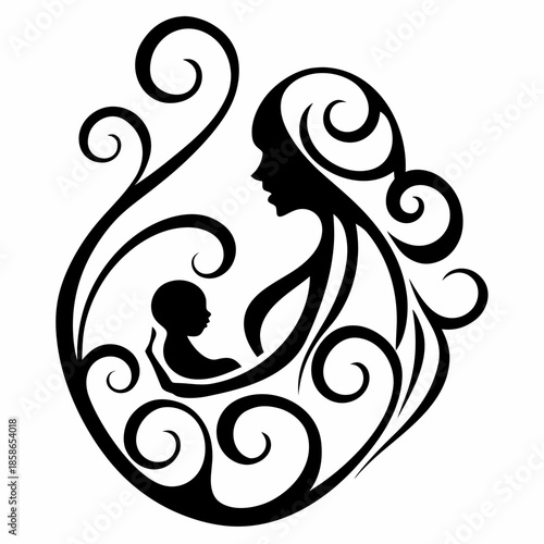 Silhouette Icon of a Mother Holding her Child Close Representing Parental Protection, Love, and the Beauty of Motherhood