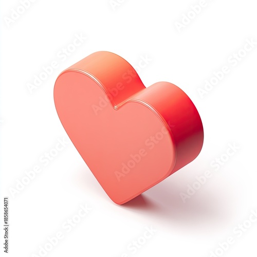 Red, slightly tilted, 3D rendered heart casting a soft shadow on a white surface