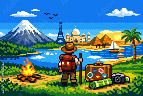 Pixel art travel scene with iconic landmarks and adventurer in colorful landscape