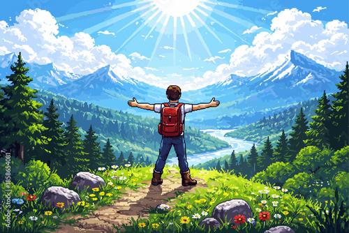 Adventurer embraces scenic mountain landscape under radiant sunlight