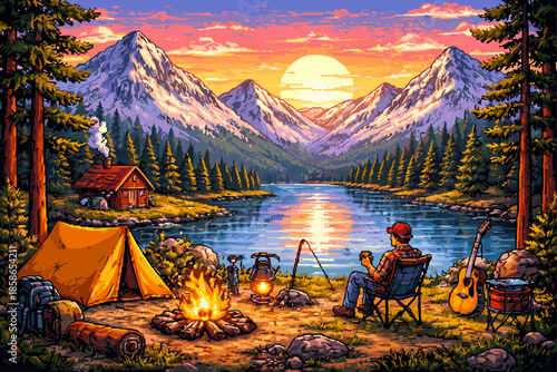 Scenic mountain camping at sunset with campfire and lake view