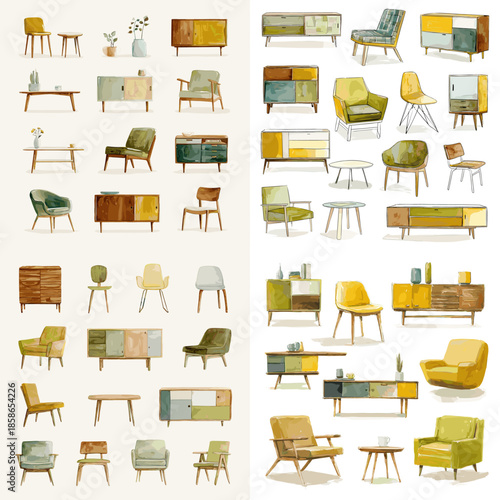 Watercolor illustration set of modern furniture in green and yellow tones including sofas chairs tables and cabinets arranged in a clean grid on white background