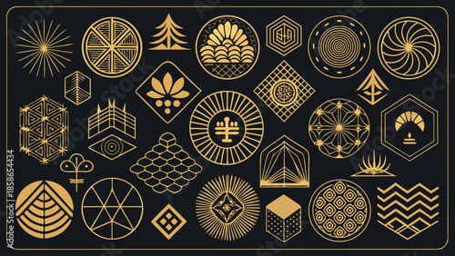 collection of various Japanese symbols displayed on a textured background, showcasing cultural and artistic significance..eps