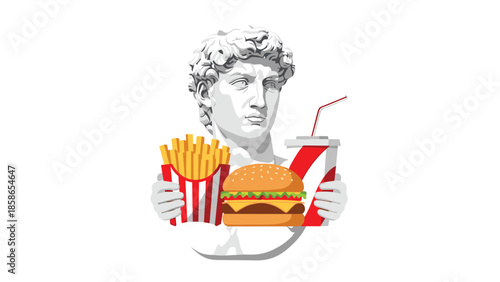 Humorous classical statue holding a modern fast food meal, including a hamburger, french fries, and a soft drink.
