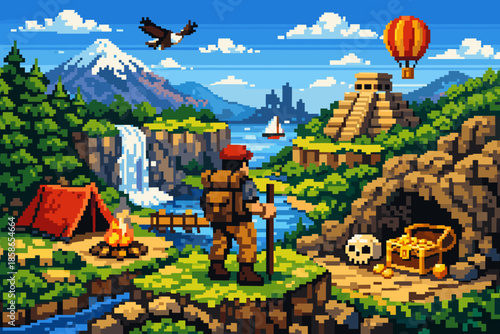 Retro pixel art adventure: explorer in a vibrant landscape with waterfall and hidden treasures