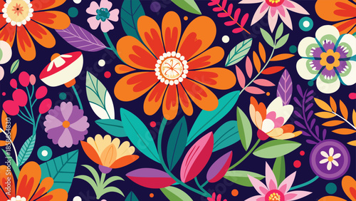 A lively pattern of multicolored flowers on a black backdrop, enhancing the overall vibrancy of the design..eps