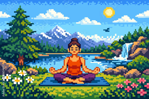 Pixel art meditation in nature with mountain and lake view