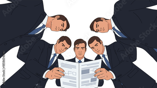 Businessman intently reading a newspaper, surrounded by multiple identical copies of himself looking over his shoulder from various angles.
