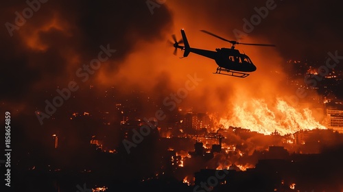 Helicopter flying over a burning cityscape at night illuminated by flames and smoke in an urban environment.