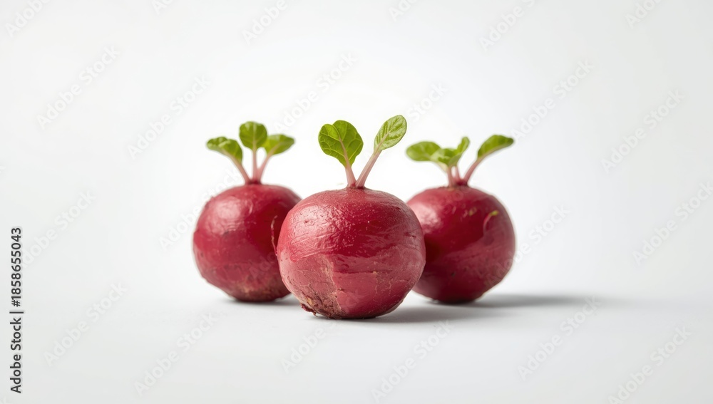 Obraz premium Small red beetroots arranged on white surface, low angle shot emphasizing vibrant hues, ideal for dietary content