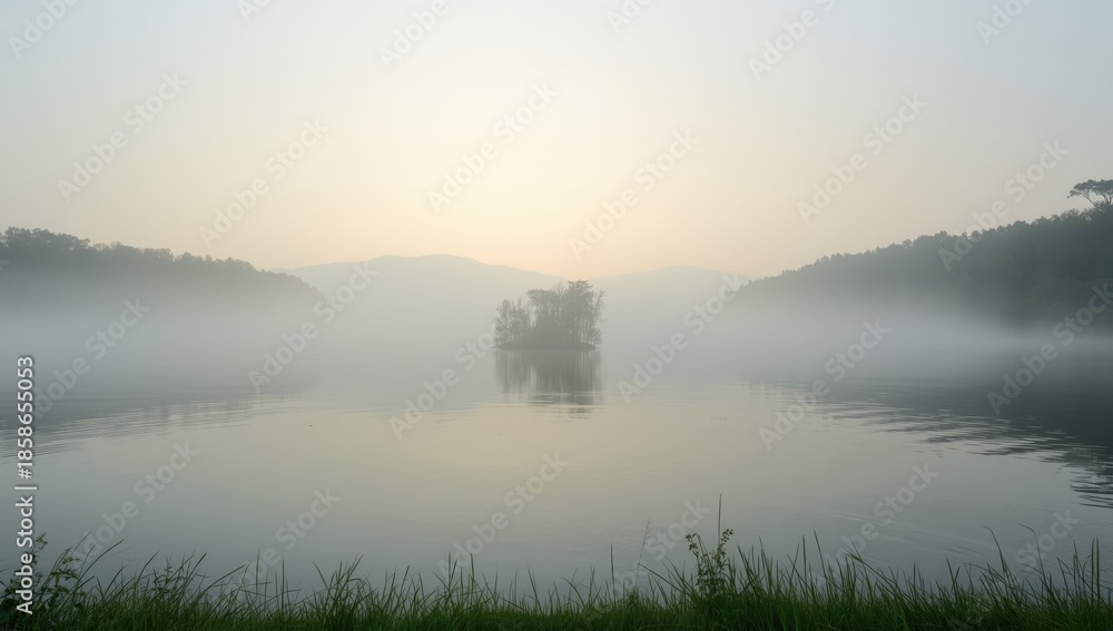 Fototapeta premium A serene lake shrouded in light fog surrounded by picturesque scenery, emphasizing environmental conservation