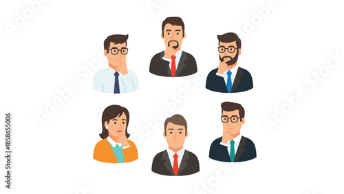 Set of six diverse business avatars, including men and a woman, all depicted in thoughtful poses, representing contemplation and problem-solving.