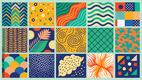 An assortment of bright, colorful patterns featuring intricate designs and lively colors..eps