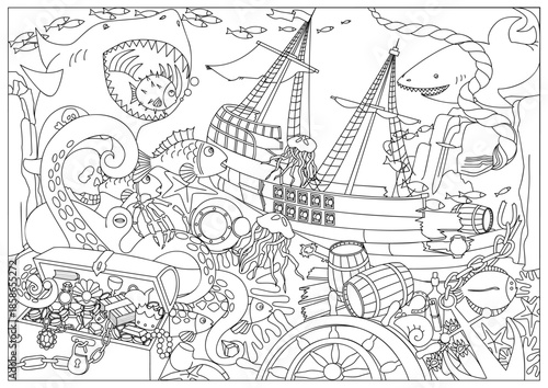 Coloring page. Underwater world with wreckage of a sunken pirate ship in the sea. Ocean world with sharks, anchor, octopus, fish, diving helmet and treasure. Hand drawn linear vector illustration.