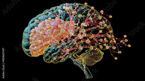 Hemispheric Harmony, human brain with the left side shown as a series of interconnected nodes and data streams.