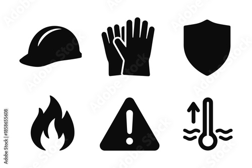 Safety icon set: hard hat, gloves, shield, fire, warning, temperature