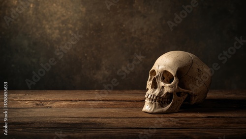 Skull placed on rustic wood...