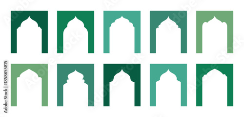 Arabic arch and window frame collection with Islamic ornamental influence. Spiritual architectural shapes for Ramadan compositions. Vector isolated.