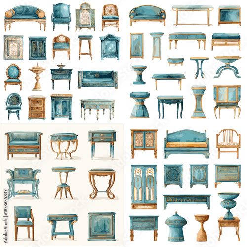 Watercolor illustration grid of classic teal interior furniture including chairs tables cabinets and benches in soft muted tones isolated on white background