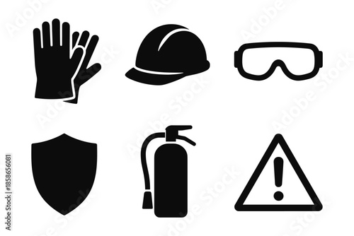Essential safety equipment icons: gloves, helmet, goggles, shield, extinguisher, warning sign
