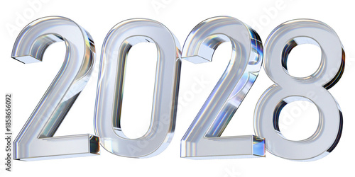 happy new year 2028 glass letter with chromatic aberration refraction dispersion 3d illustration