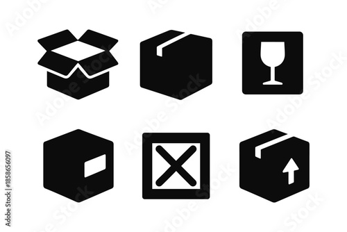 Black silhouette icons of shipping and handling symbols for package safety