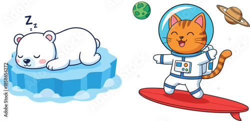 Cute cartoon polar bear sleeping on ice and astronaut cat surfing in space playful illustration set