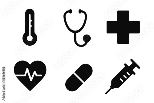 Medical icons collection: essential healthcare symbols in bold silhouette style