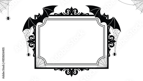 Ornate Halloween-themed blank frame featuring spooky bats, intricate spiderwebs, and small spiders, perfect for eerie designs.