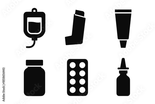 Medical supply icons set featuring inhaler, syringe, and more in silhouette style