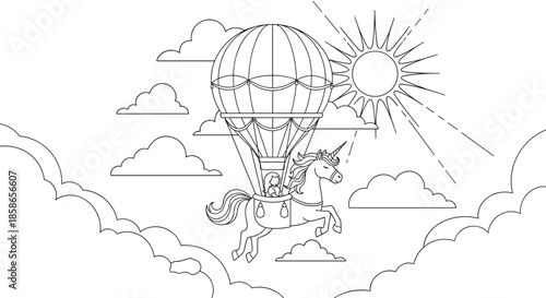 Majestic unicorn flies in a basket attached to a large hot air balloon high above the clouds under a bright sun in this coloring page.
