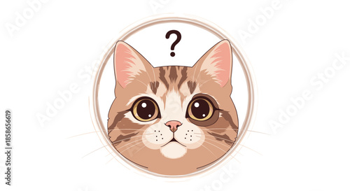 Adorable brown tabby cat looks up curiously with a question mark above its head within a soft beige circular frame for pet related content.