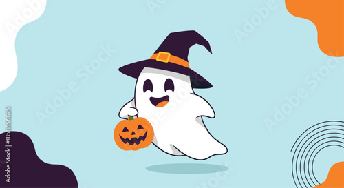 Friendly little ghost wearing a purple witch hat holds a carved jack o lantern pumpkin against a light blue background with abstract shapes.