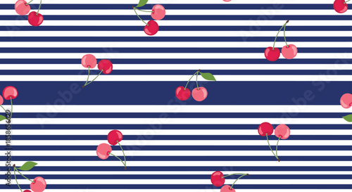 Classic seamless pattern features pairs of red and pink cherries with green leaves scattered over a dark blue and white horizontal striped background.