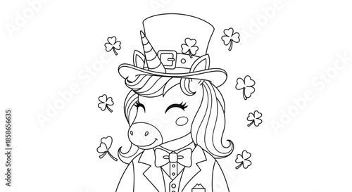 Festive unicorn dressed as a leprechaun in a suit and top hat is surrounded by four-leaf clovers for Saint Patricks Day coloring fun.