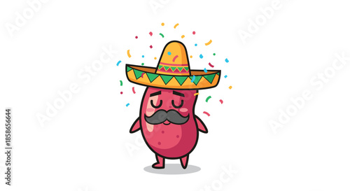 Funny red bean character wearing a large mexican sombrero and a black mustache stands amidst colorful confetti on a white background.