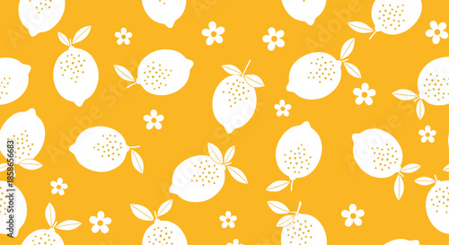 Bright and sunny seamless pattern shows simple white lemon silhouettes and small flowers scattered over a solid yellow background for summer designs.