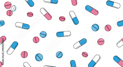 Medical themed seamless pattern features various blue and pink pills and capsules scattered on a clean white background for healthcare concepts.